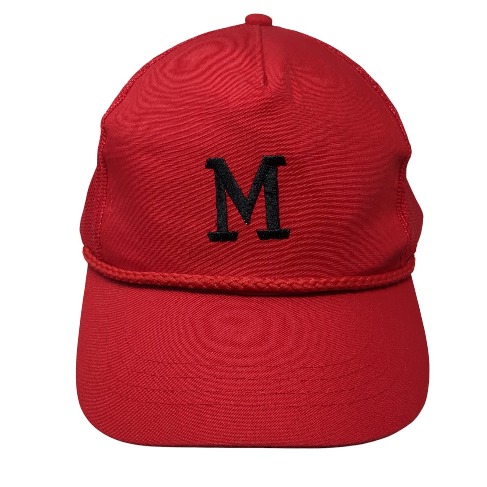 M Logo Snapback Trucker Hat Red One Size Adjustable Embroidered Rope Yupoong